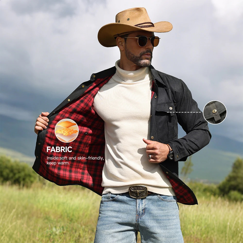 Mens Jackets Spring Flannel Lined Shirt Coat Shacket Casual Snap Button Overshirt Western Cowboy Style High Quality 250317