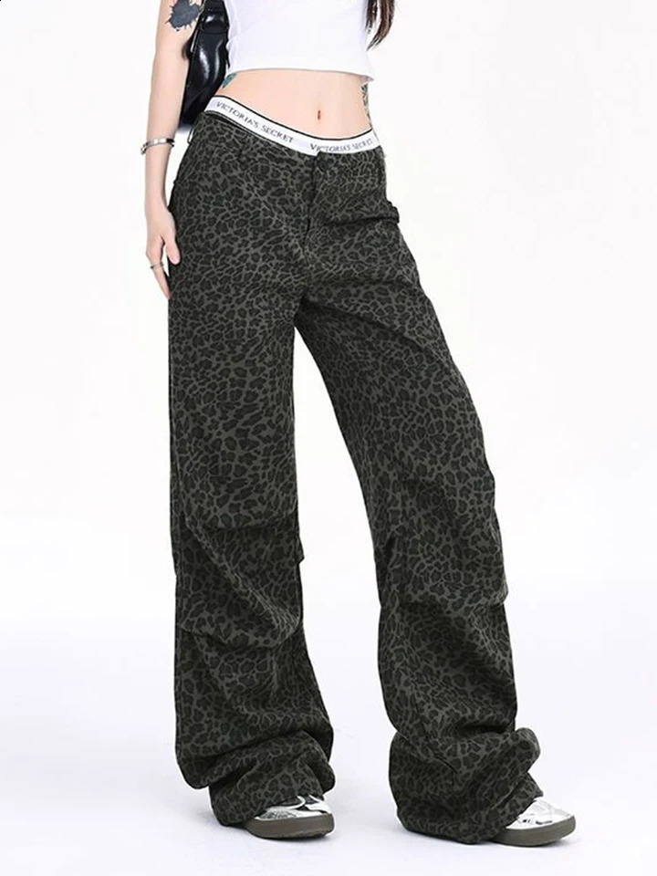 Zoki Y2K Leopard Cargo Jeans Women Harajuku Streetwear Loose Denim Pant Fall Vintage American Casual Bf Gothic Hip Jop Trousers 250319