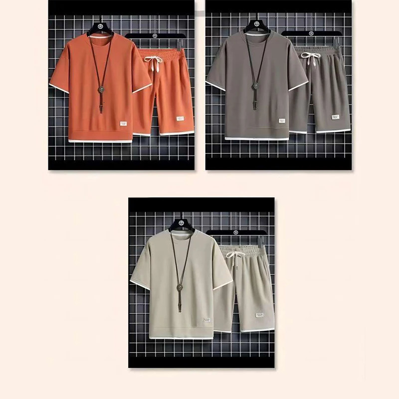 Waffle Mens Summer Short Sleeve And Shorts Two Piece Sets Sports Casual Tracksuit Men Comfortable Cool Shorts Oversized Set 250320