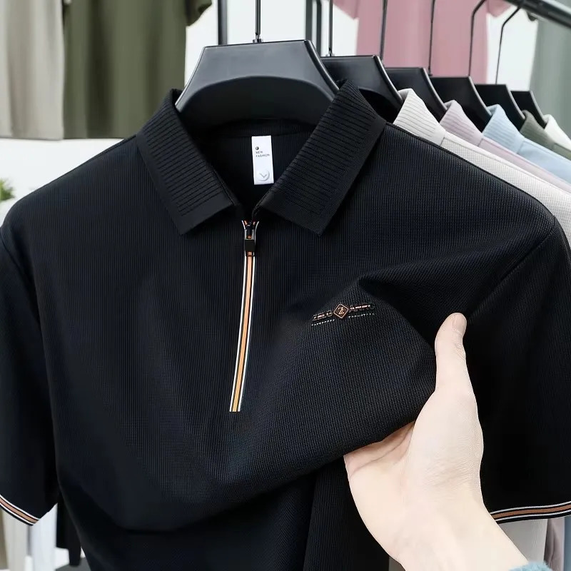 mens short sleeve summer zipper lapel polo shirt high-quality ice silk exquisite business casual T-shirt comfortable top 250320