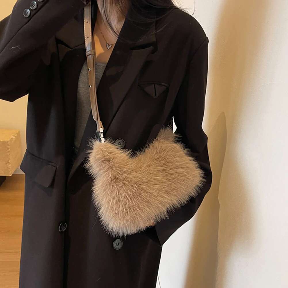 Women Faux Fur Fluffy Crossbody Bag Soft Plush Handbag Adjustable Strap Clutch Purse Solid Color For Travel Party
