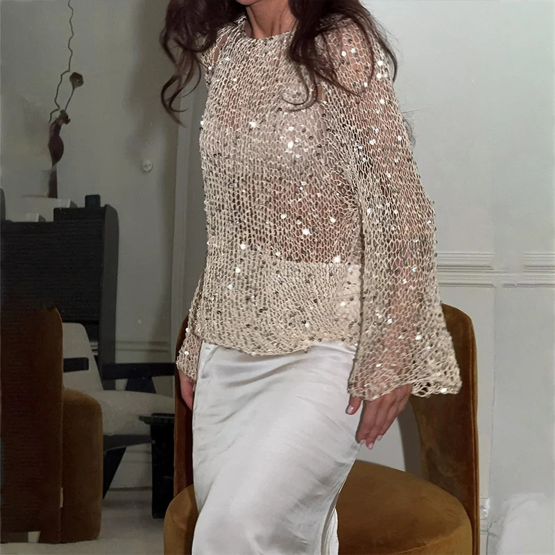Women Sequins Pullover Hollow Out Knit Top Loose O-neck Long Sleeve Sweater Sweet Sexy Glitter Lady Shirts Spring Sumer 250320