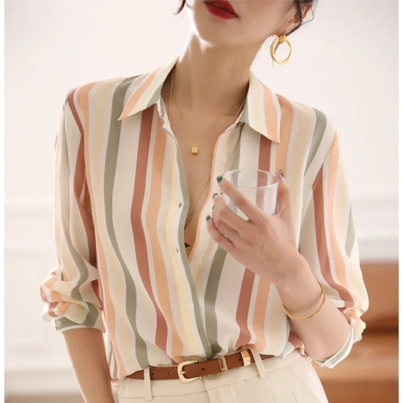 Stripe Women Shirt Satin Vintage Shirt for Women Autumn Clothes Korean Fashion Shirts and Blouses Basic Elegant Womens Tops 250320