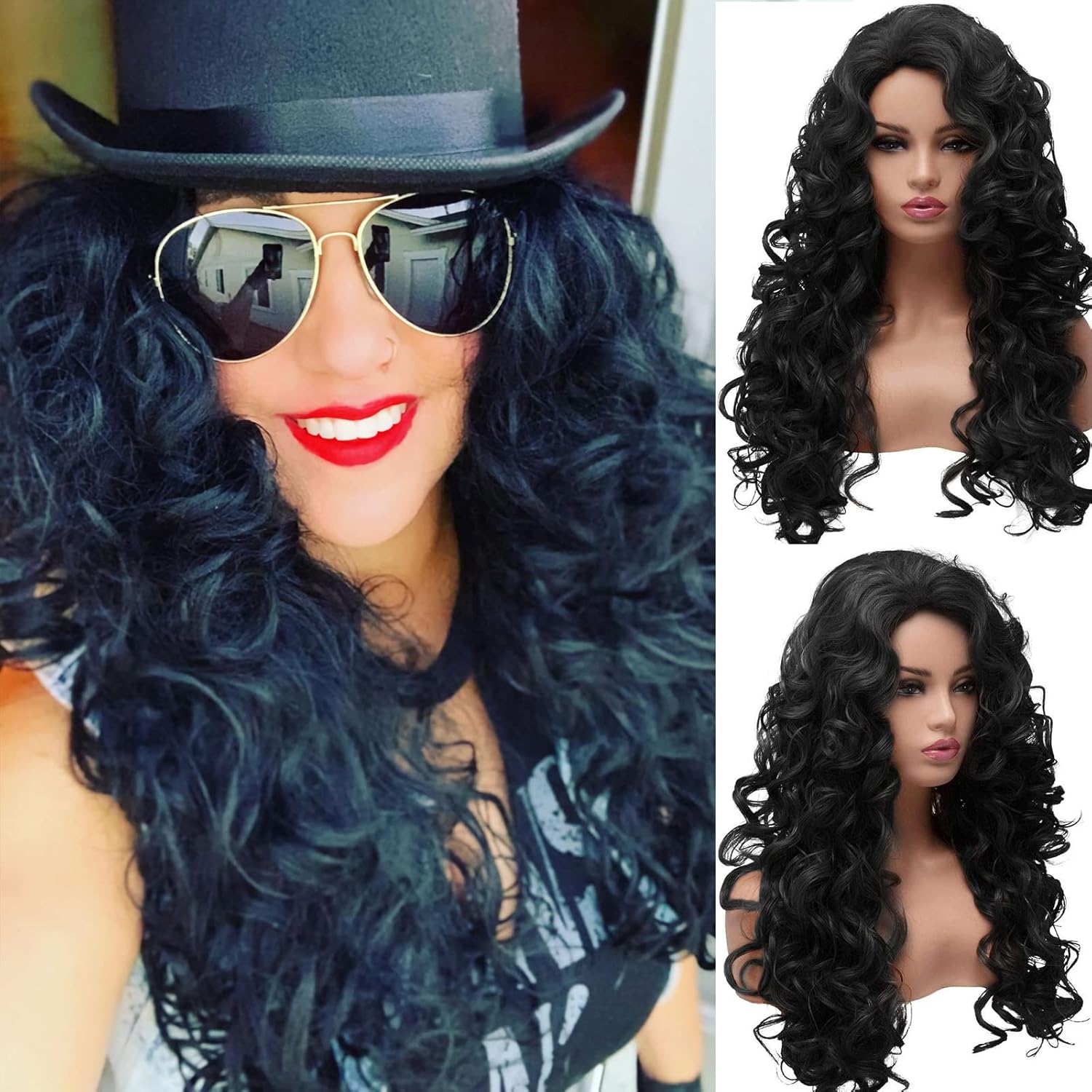 Long Black Curly Costume Wig Styled Halloween 80s Wigs for Women Full Head Cosplay Costume Hairpiece (Natural Black)