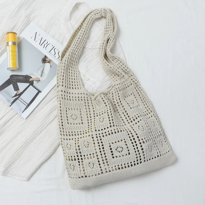 Knitted Hollow Storage Bag Retro Mesh Hollow Simple Woven Shopping Bag R250320