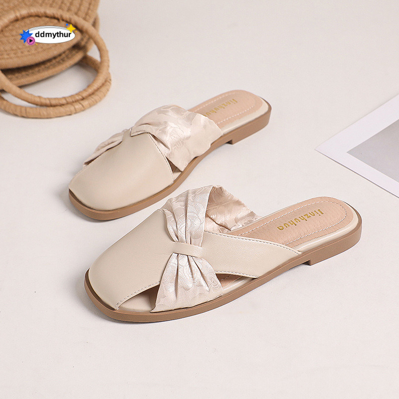2024 Summer New Temperament Evening Gentle Half Korean Edition Chinese Style Flat Bottom French Baotou Slippers Women's ddmythur