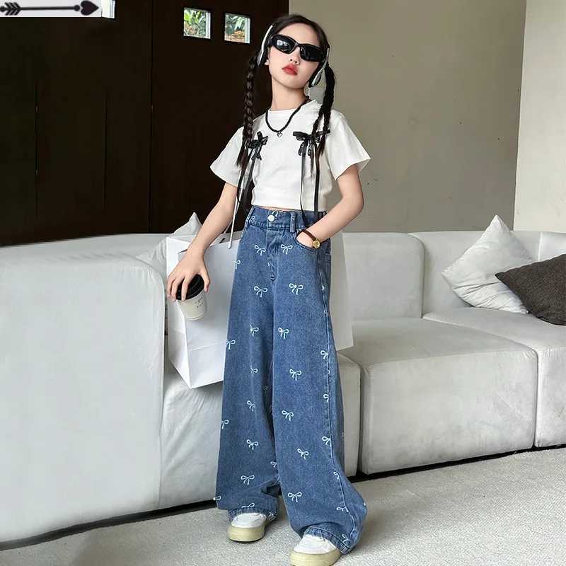 2024 Summer Casual Style Jeans Spring Big Kids Straight Trousers For 4-16Y Girl Teenage Clothes Bow Print Denim Wide Leg PantsT250326