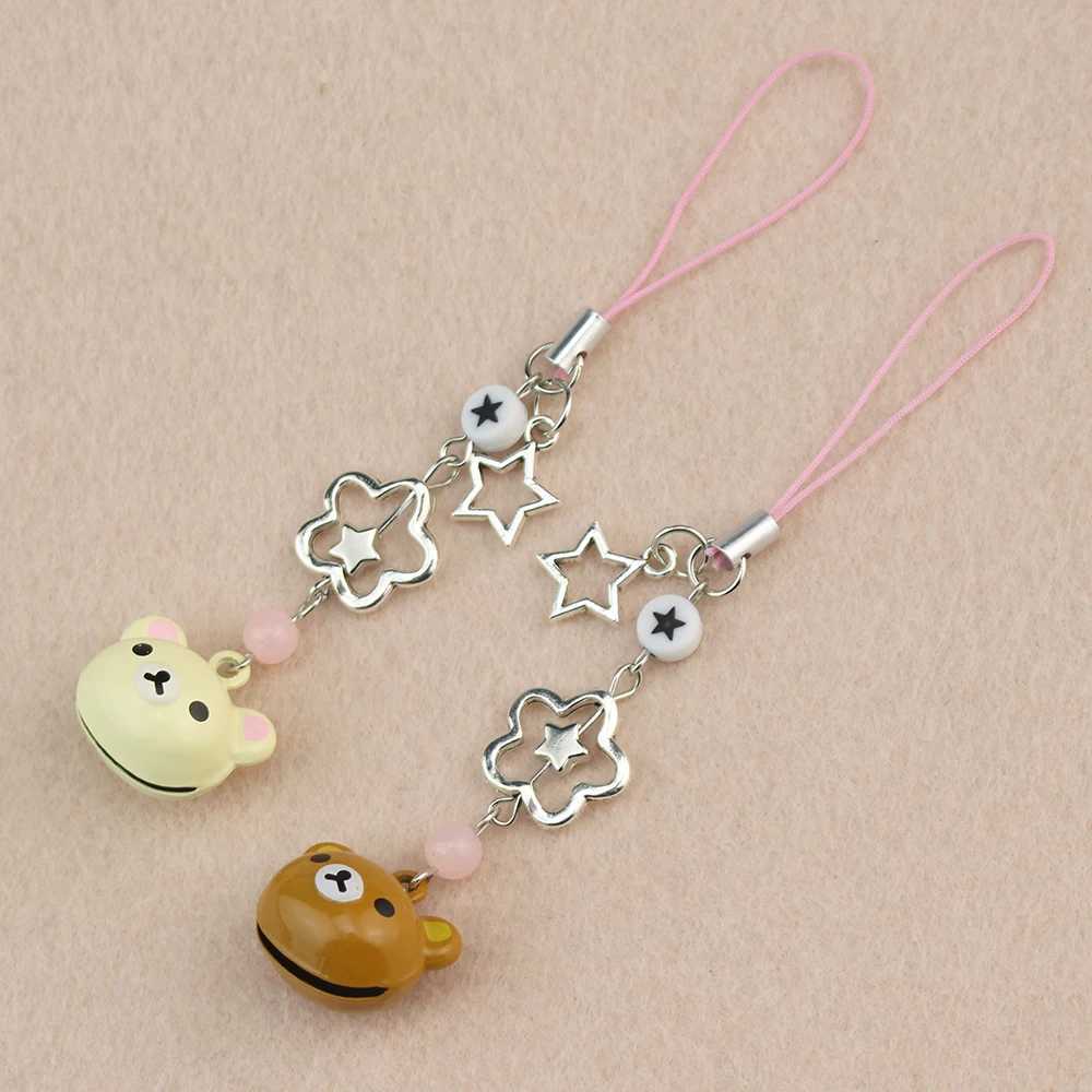 Cute Rilakkuma bear bell matching phone charm Y2K handmade star shaped hanging chain Kawaii bead mobile pendant card keychainXJ250319
