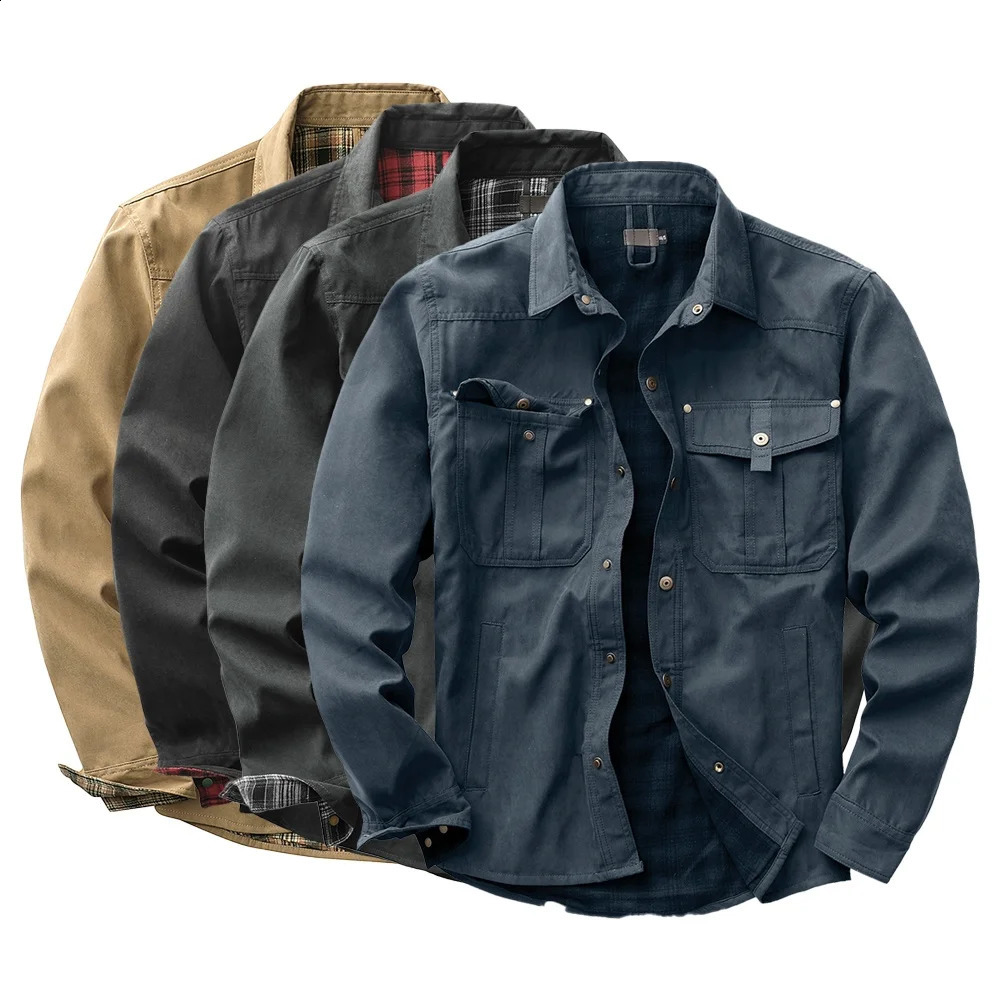 Mens Jackets Spring Flannel Lined Shirt Coat Shacket Casual Snap Button Overshirt Western Cowboy Style High Quality 250317
