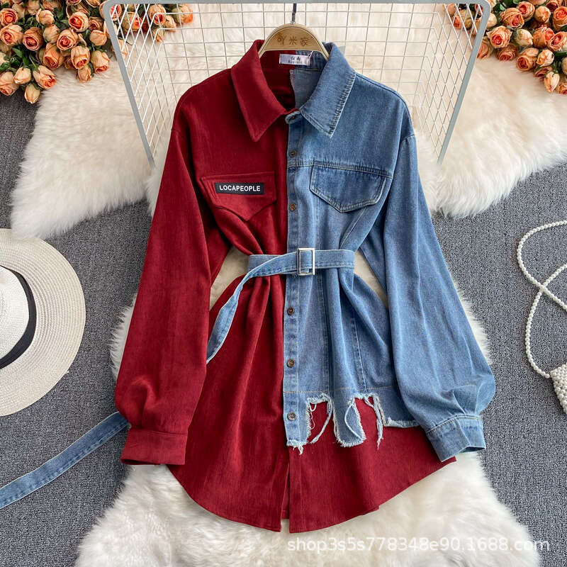 Designer Coat Women Denim Patchwork Lapel Dress for Spring and Autumn 2025 New Collection Waist Slimming Irregular Mid Length Shirt Autumn Dress Women