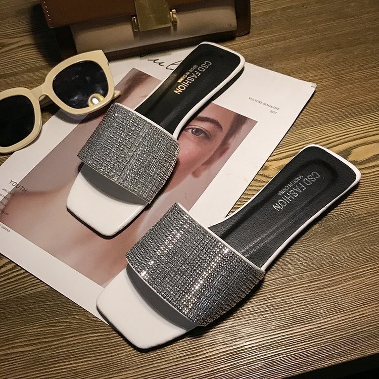 Summer Women's Slippers Designer Flat Fashion Sandals Rhinestone 2025 Sandal One Line Drag Korean Version Instagram Grid Casual Shoes