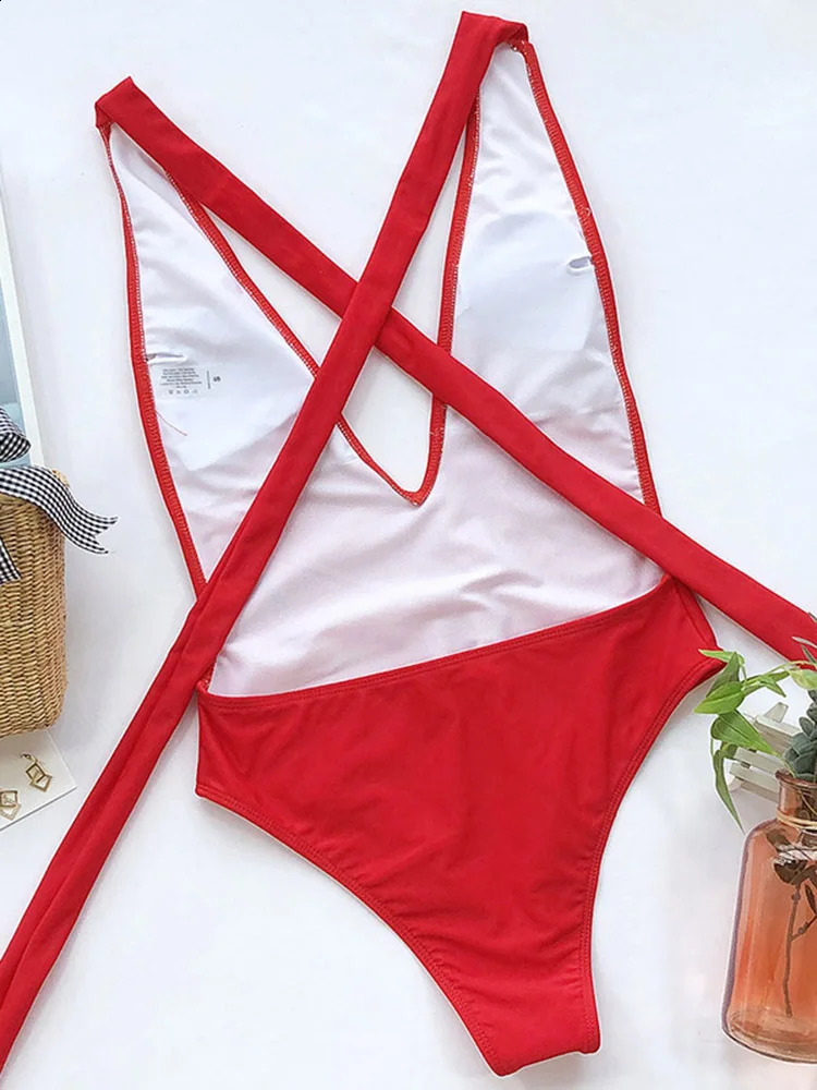 Plunging Women Swimsuit One Piece Sexy Swimwear Red Swimming Suit Monokini Crisscross Bathing Suits Beachwear 250319