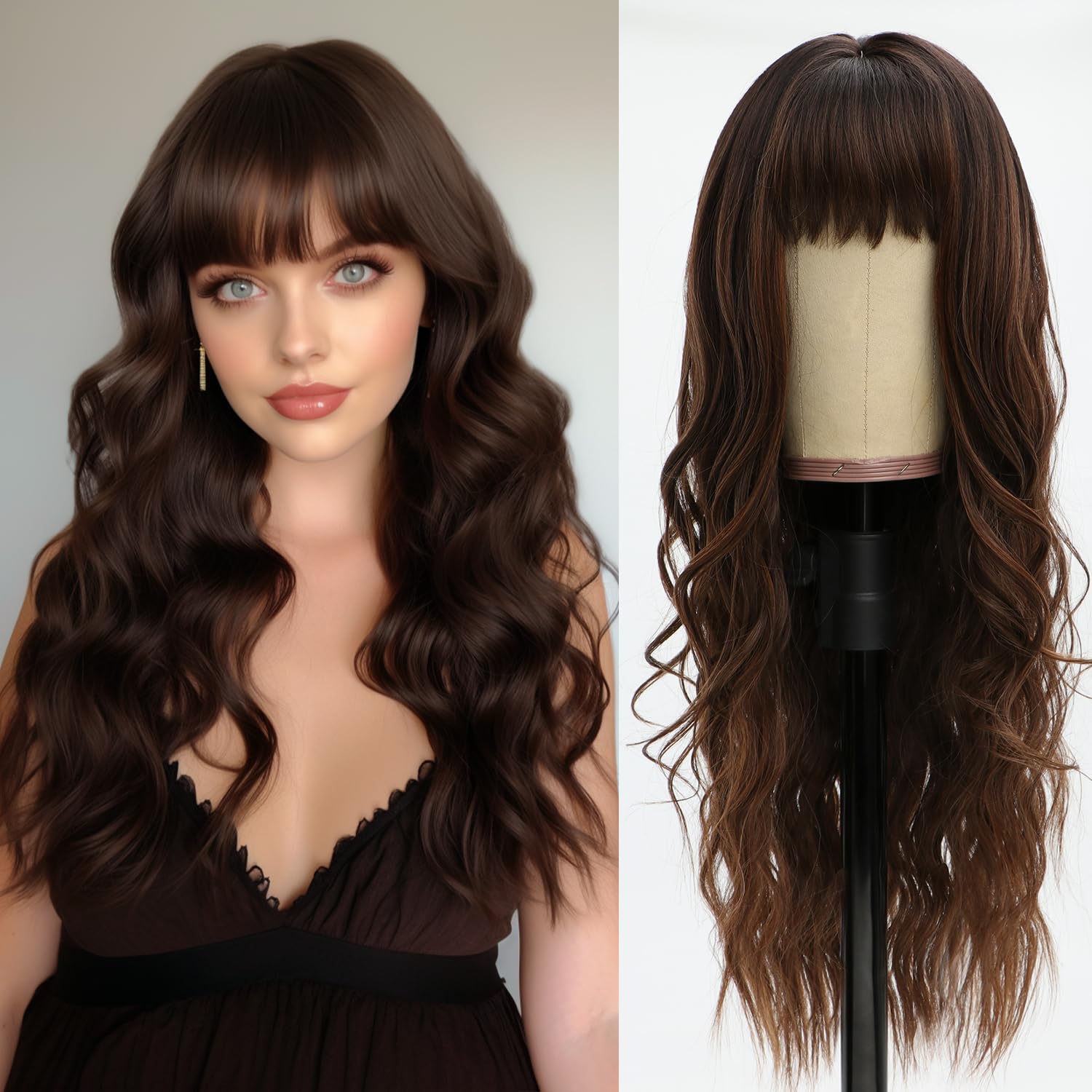 Long Chocolate Brown Wig with Bangs Dark Brown Women Long Wavy Hair Wig Curly Wavy Synthetic Wigs for Girls Daily Party Use(26 inch)