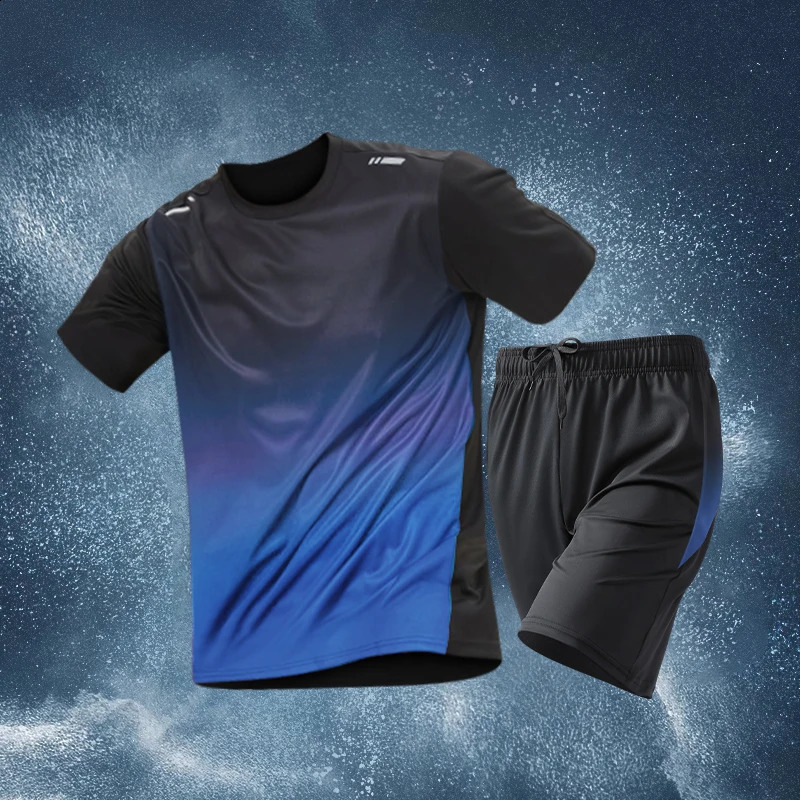 2-piece Mens Summer Basketball Training Running Outfit Set Gradient Short Sleeve T-shirt Quick-drying Shorts Set 250319