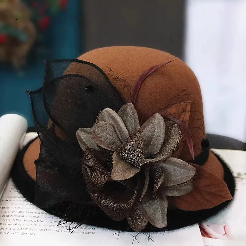 Elegant Lady Flower Sun Hat Women Wedding Tea Party Church Travel Cap Summer Organza Hat Clothing Accessory Vintage Warm 250320