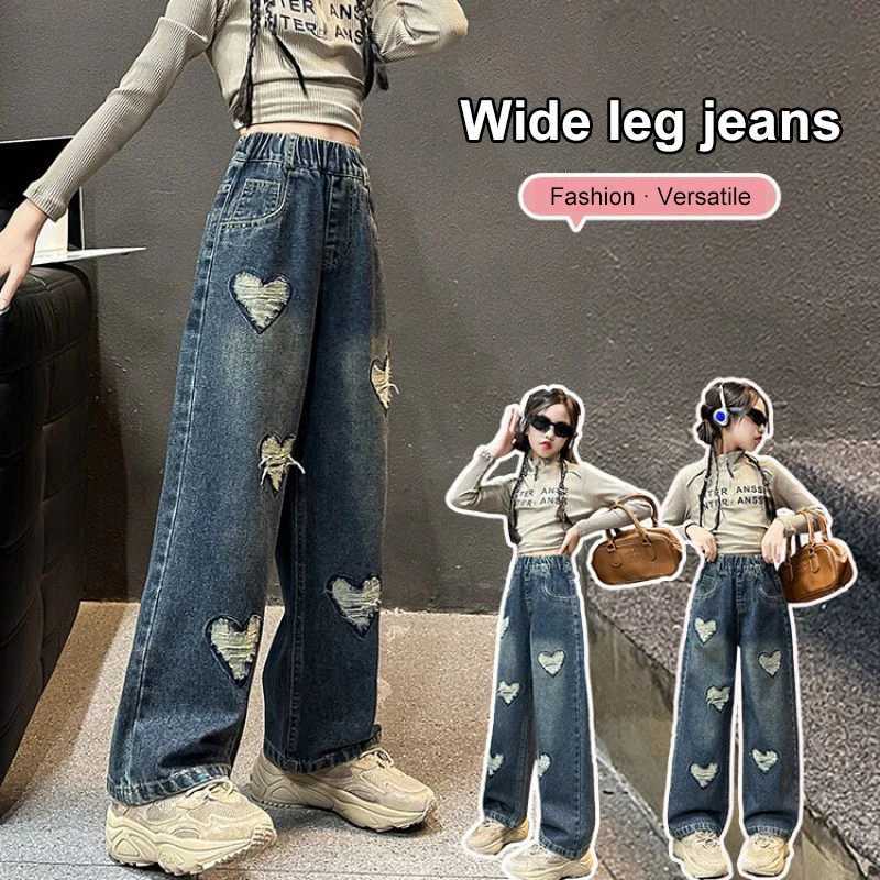Teenage Girls Black Jeans 2024 Trendy Street Hole Shattered Tear Heart Straight Narrow Loose Wide Leg Pants Teenage Teen TrouserT250326