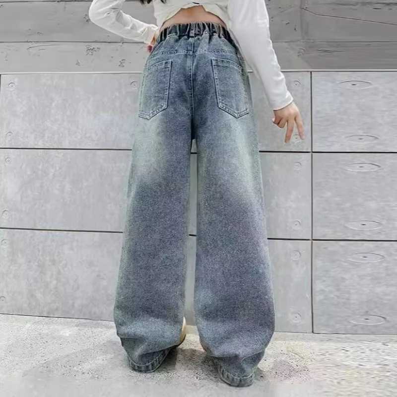 Spring and Autumn Fashion Girls Wide Leg Jeans Childrens Blue Denim Trouser Womens Loose Jeans Childrens School ClothingT250326