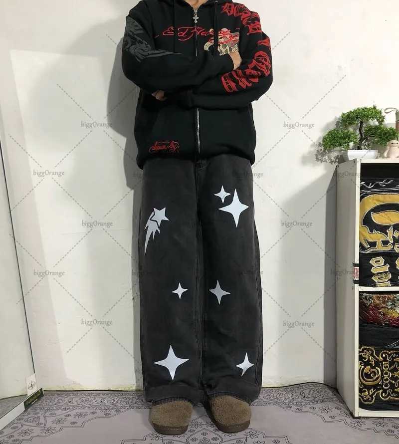 Street Fashion Clothing Personalized Meteor Pattern Fashionable Versatile Jeans Men Retro Harajuku Casual Loose Trousers WomenT250319