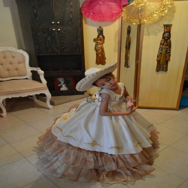 Escaramuza Mexican Flower Girls Dress With Embroidery Folkloric Two Piece First Holy Communion Birthday Dress With Jacket Mariachi Mini Quinceanera Go