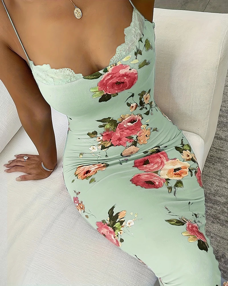 Lace Trim Spaghetti Strap Floral Print Dress Lace Maxi Spring Summer Regular Straight Spaghetti Strap 250320