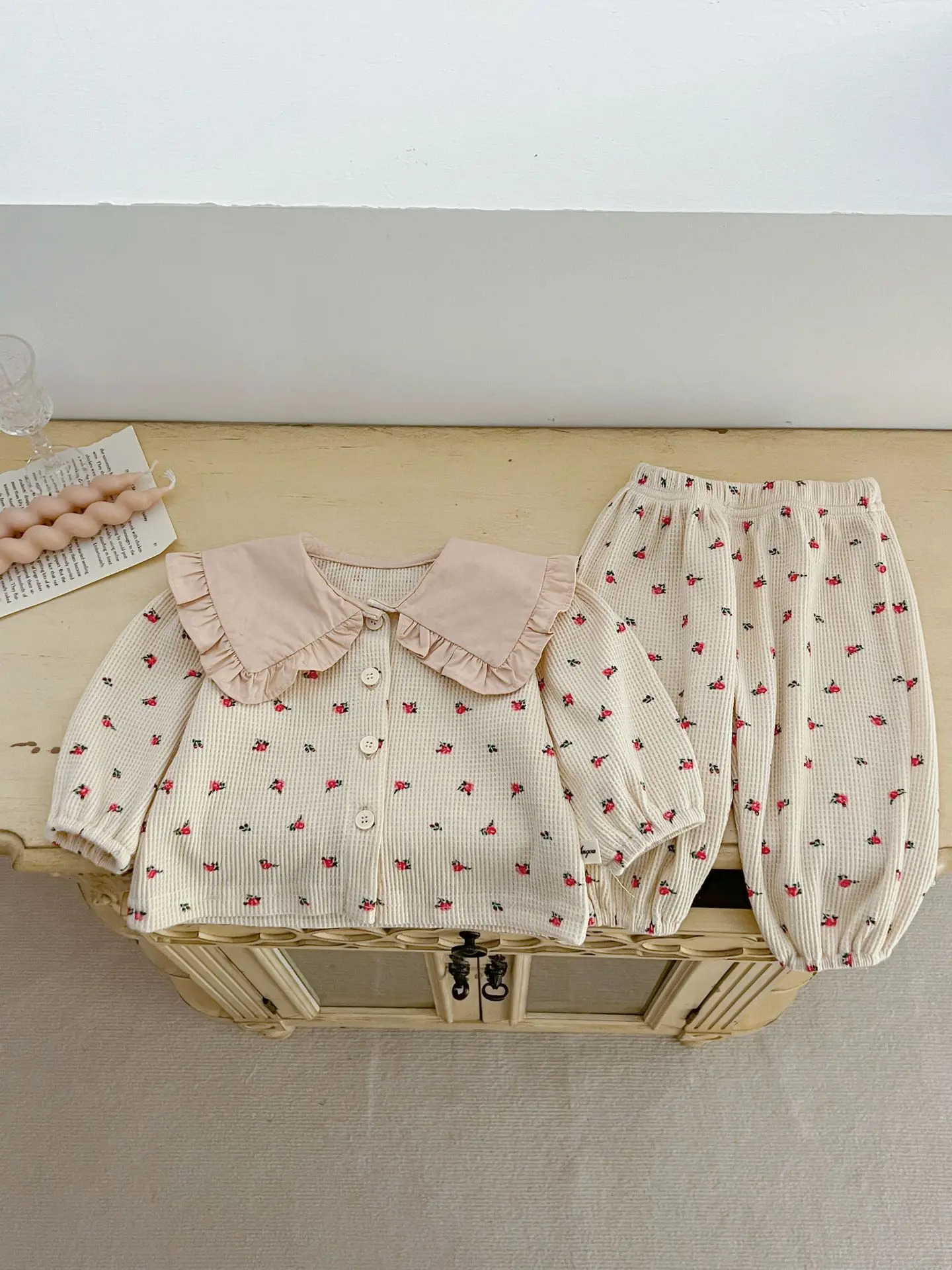 Spring Baby Girl Infant Korean Style Suit Printed Lapel Cute Floral Home Clothes Twopiece Set 250319