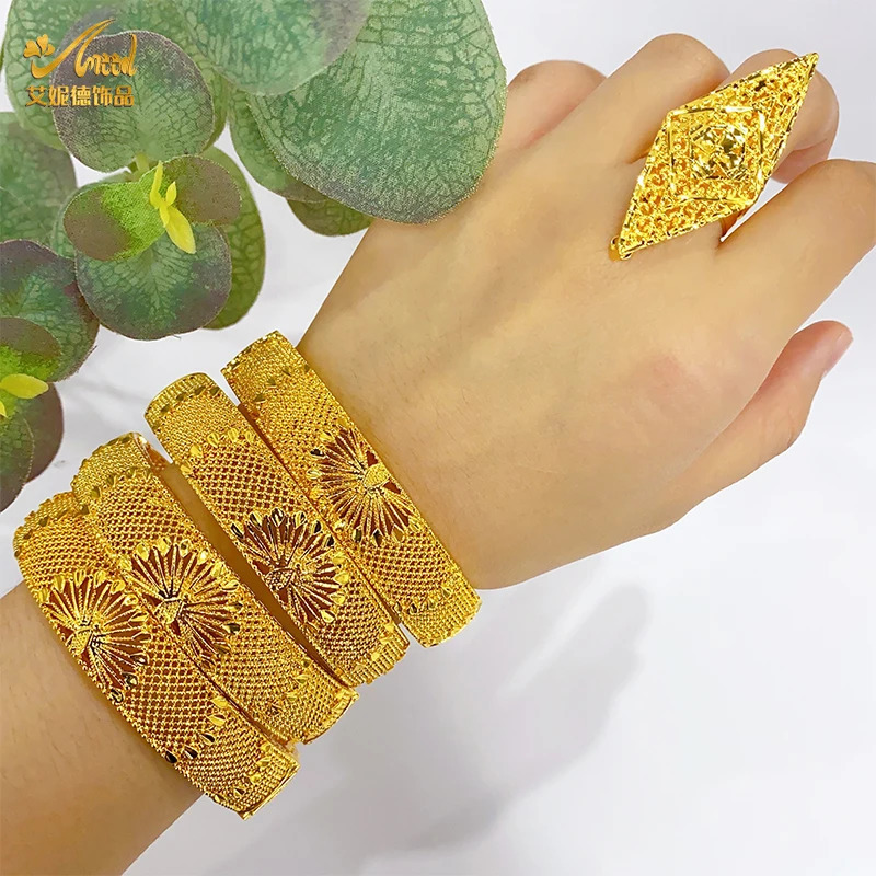 ANIID Fashion Dubai Bridal 24k Gold Color Round Bracelets Bangles Ethiopian Hand Jewelry for Indian Wedding Party Gifts 250320