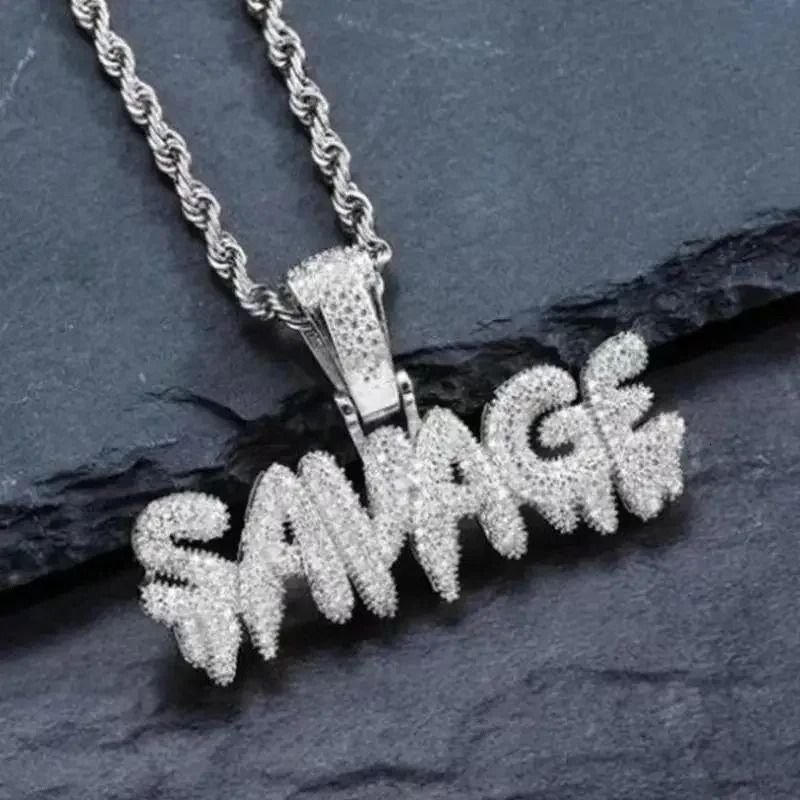 Iced Out Letter Savage Pendant Shiny Bing Cubic Zirconia Hip Hop Necklace Mens Cool Rock Rap Trend Jewelry 250320