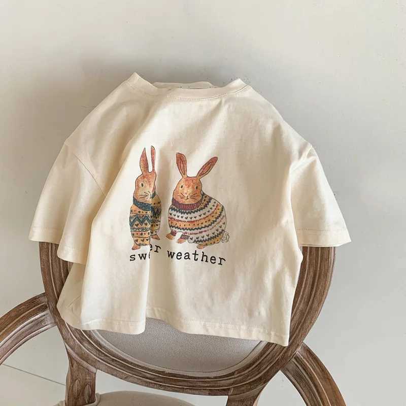 2152B Childrens T-shirt 2022 Summer Childrens Short sleeved Cartoon Top Boys and Girls Rabbit Flower Printed T-shirtT250320