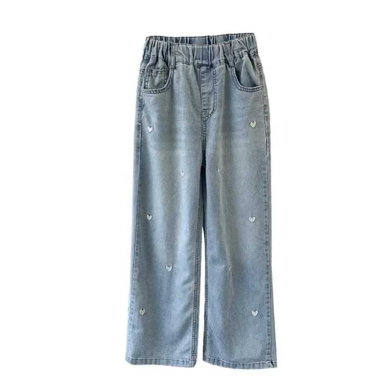 Girls Love Embroidered Wide-leg Pants Summer Thin Fashion 2024 Girls Light Jeans Wear Simple and FashionableT250326