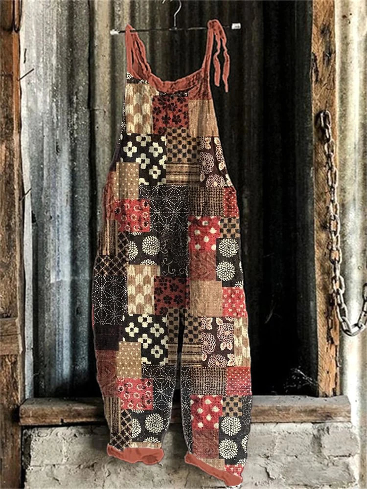 2024 casual fashion elegant womens loose adjustable hanging jumpsuit retro floral geometric print wide leg 250320