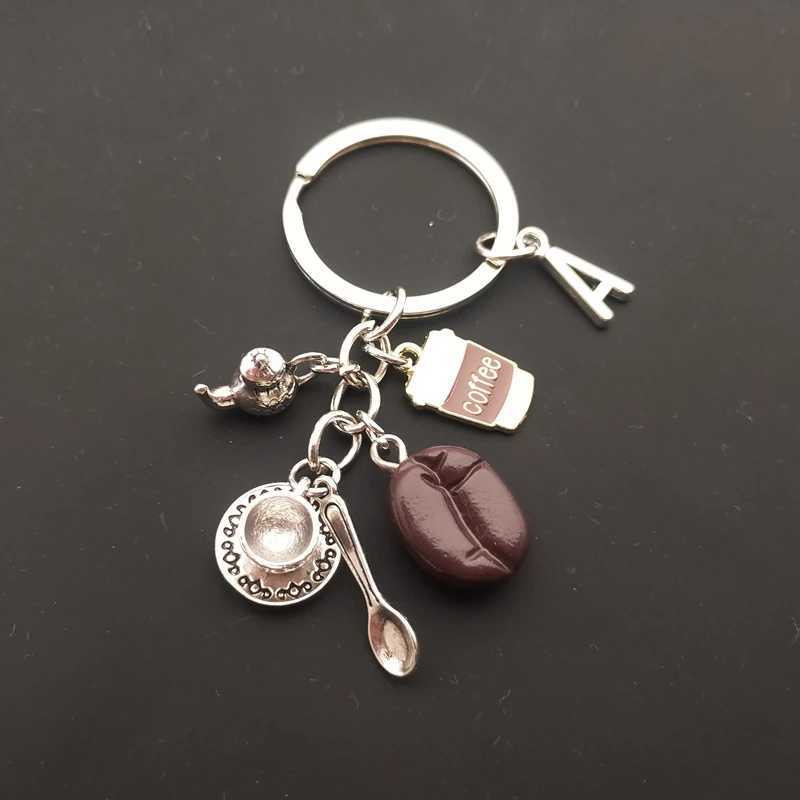 New A-Z Letter Keychain Coffee Bean Keychain Metal Keychain Coffee Cup Tea Pot Pendant Afternoon Tea Casual Keychain PendantXJ250319