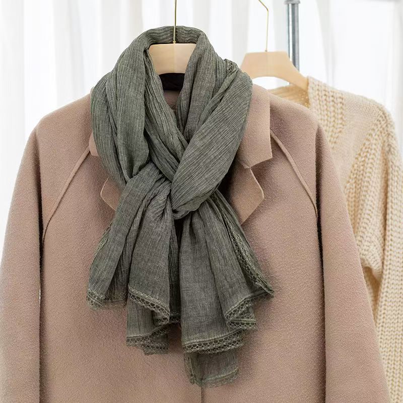 T322 Korean version of all-match solid color lace spring and autumn cotton and linen feel scarf literary women's winter shawl Korean silk scarf