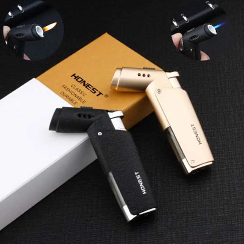 HONEST Fashion Adjustable Double Fire Gas Lighter Windproof Blue Flame Open Fire All-in-one Mini Portable Metal Turbine TorchC250618
