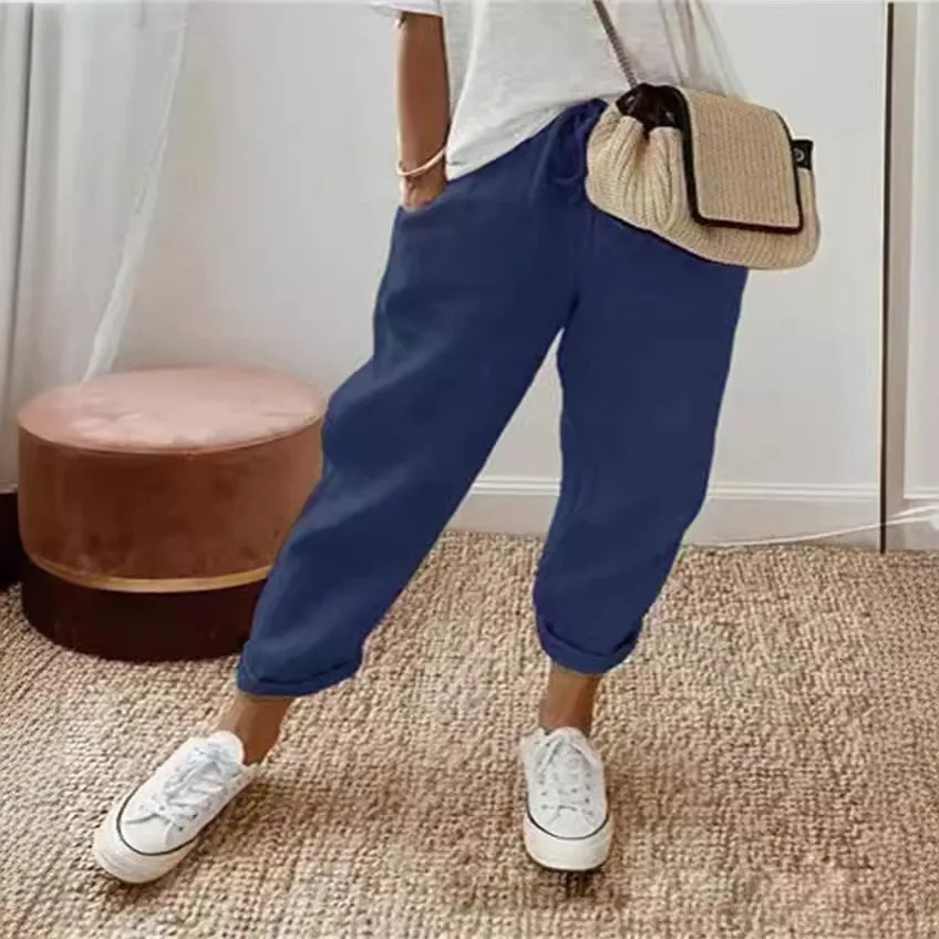 Womens Cotton Linen Pants Spring Summer Solid Elastic High Wasit Pockets Nine Points trouser Ladies Loose-fitting Lace Up Pants 250320