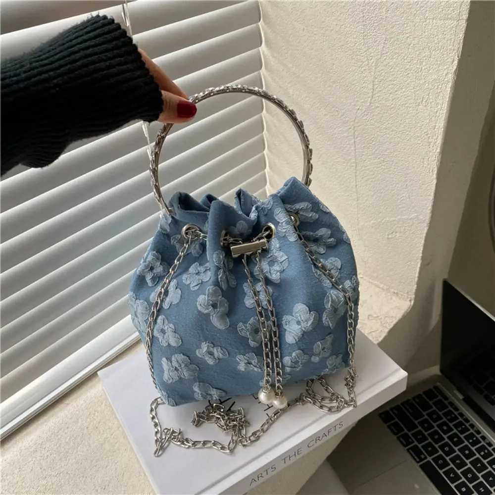 Fashionable shoulder bag fashionable round handheld chain dry bucket bag pleated floral design exquisite cross shaped bag for women Y250319