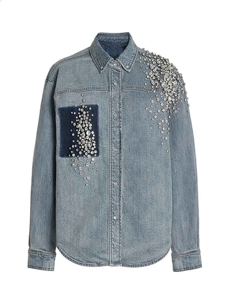 DEAT womens denim shirt patch work sheet pocket panel loose long sleeved diamond shirt spring item 29L2946 250317
