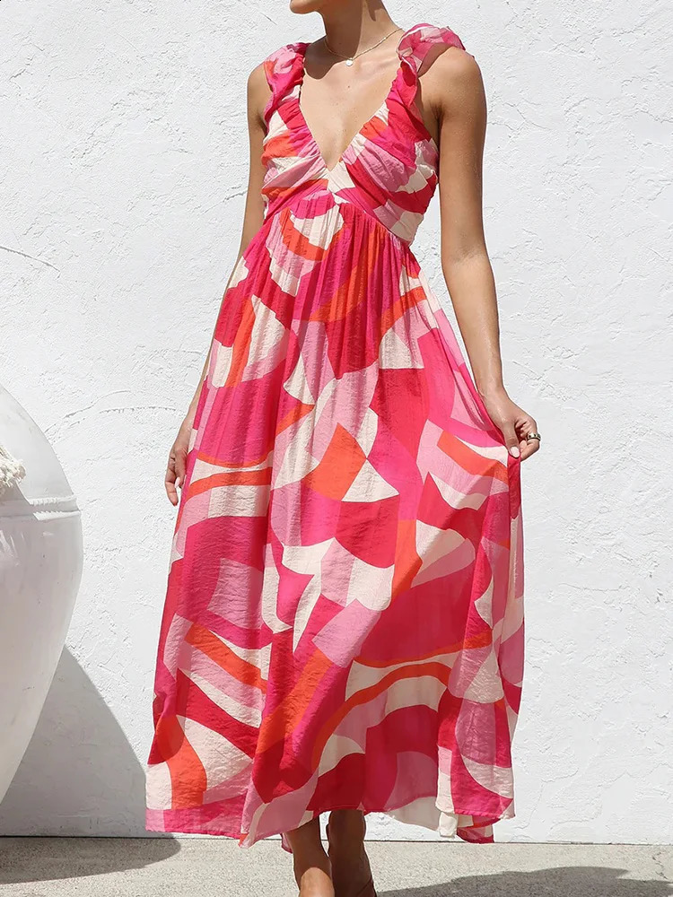 backless patch work simple party dress womens summer sleeveless deep Vneck Maxi printed fashionable 250317