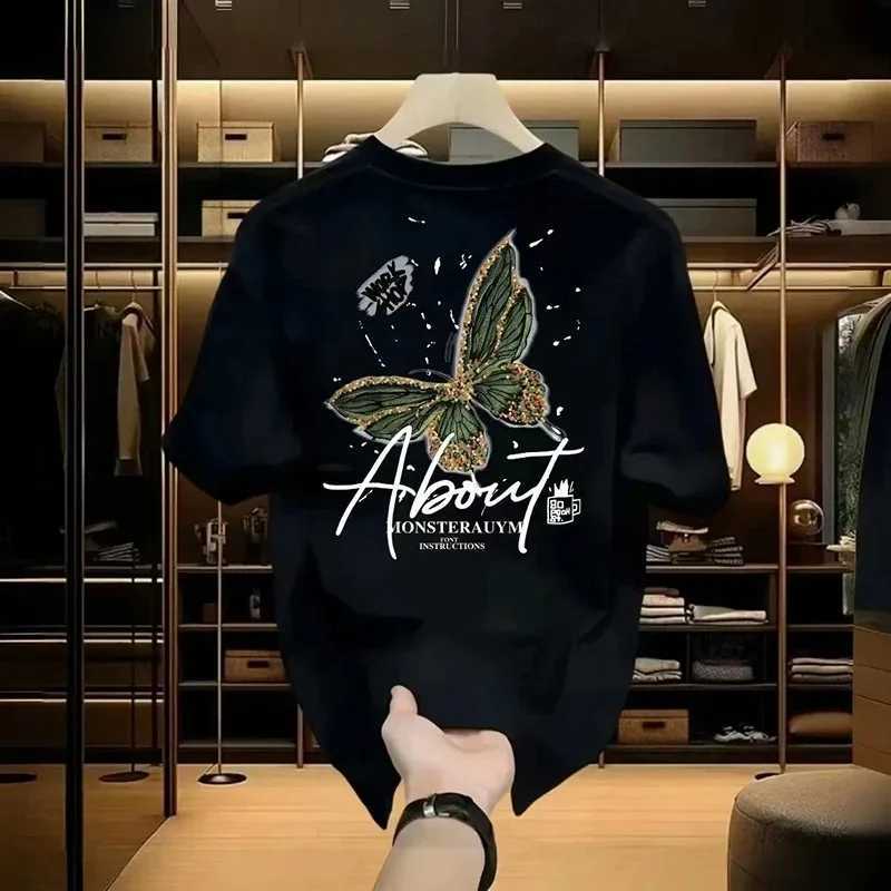 2024 New Womens Butterfly Printed Cotton Short Sleeve T-shirt Loose Fashion Edition Top Simple High Quality TopT250320