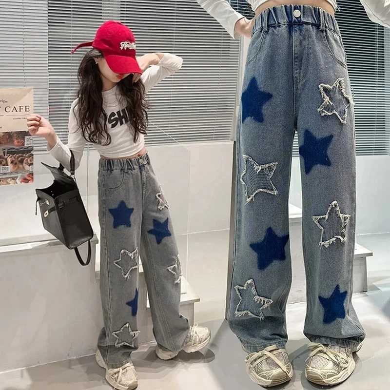 5 7 9 11 13 14Y baby girl loose pants 2024 spring/summer new fashionable side pentagonal star design pants for children Trouser childrenT250326