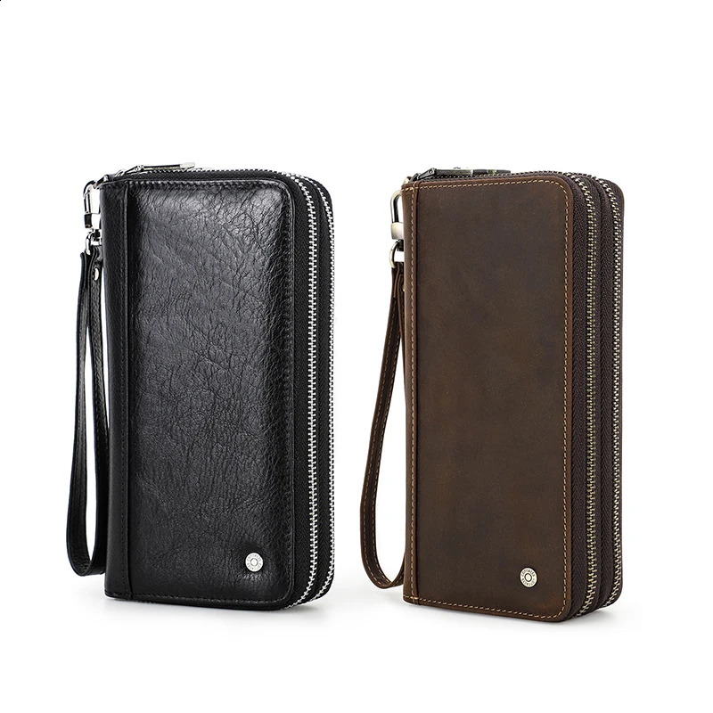 ContactS Genuine Leather Mens Wallet Clutch Bag Card Holder Long Wallets Double Zipper Large Capacity Vintage Male Purses 250317