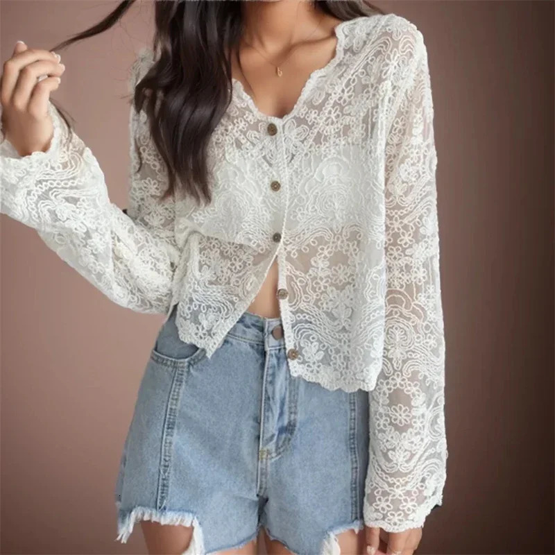 ITOOLIN Women Buttons Up Cardigan Top Flare Sleeve Tee V-Neck Ruffles Sweet Shirt Summer Lace Hollow Transparent T-shirts 250320