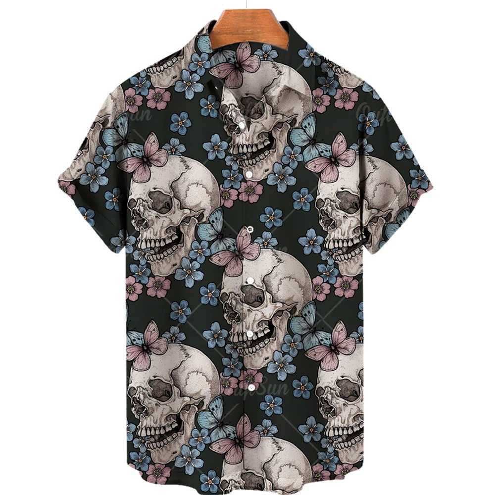 Hawaii Beach Shirt Fashion Design Mens 3D Skull Printed Shirt Retro Casual Street Clothing Mens Summer Neutral Short Sleeve Top M250320