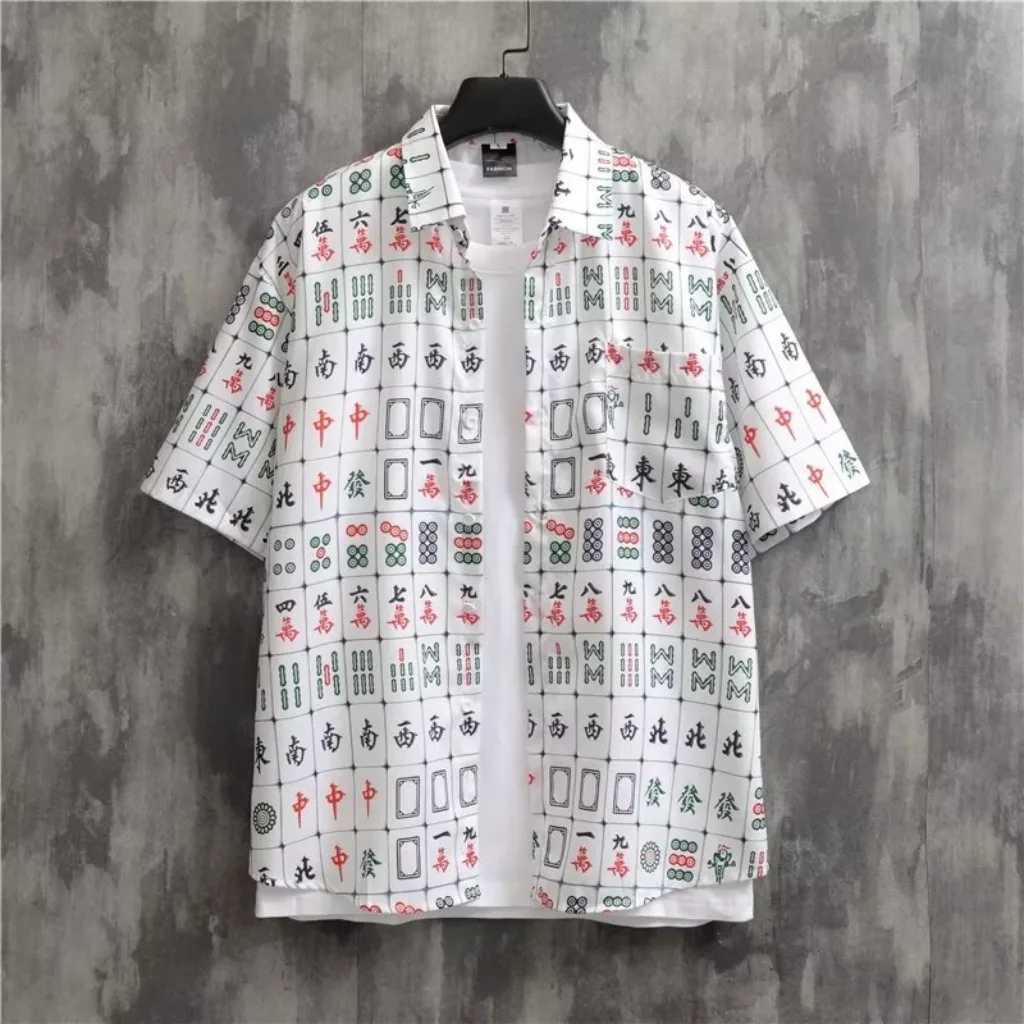 Mens street fashion summer daily shirt Hawaiian cartoon print casual loose shirt short sleeved beach loose top M250317