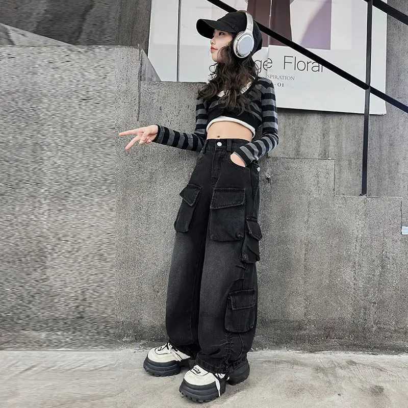Cargo Jeans for Girls 2024 Spring Loose Casual Elastic Waist Teenage Children Wide Leg Pants Design Streetwear Kids TrousersT250326