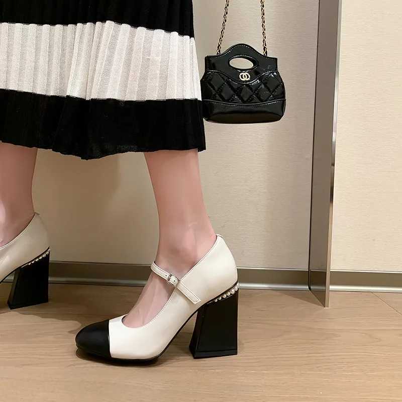 MKKHOU Fashion Pumps New High Quty True Leather Color Block Round Toe High Heels Mary Janes Shoes Commuter Women ShoesC250319