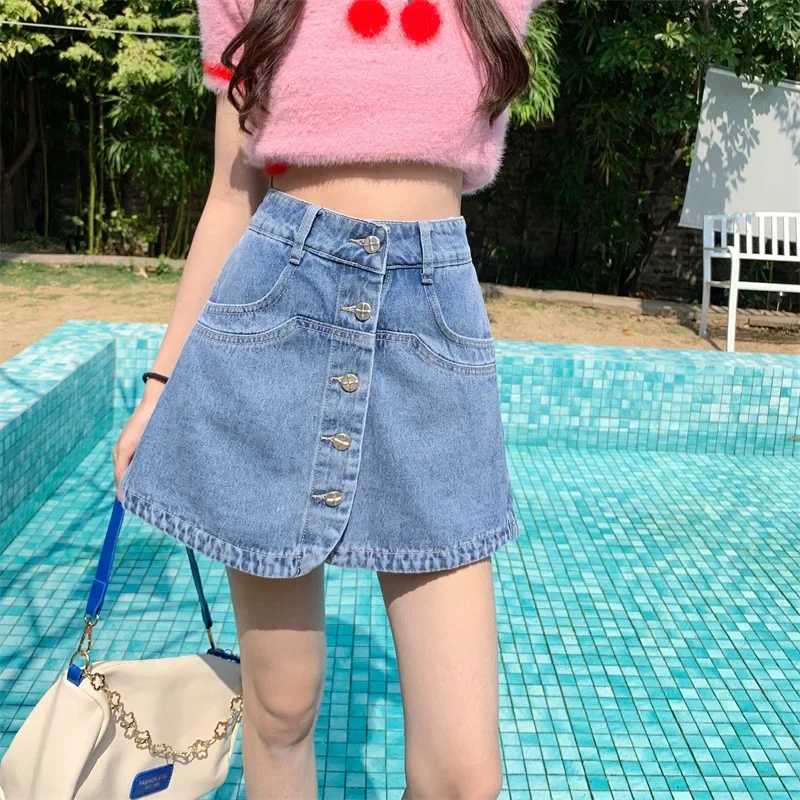 2023 Summer New Denim Leather Pants Womens High Waist A-Line Short Sleeve Leather Pants Mini Set Style Bottom Short Sleeve Casual ClothingXJ250320