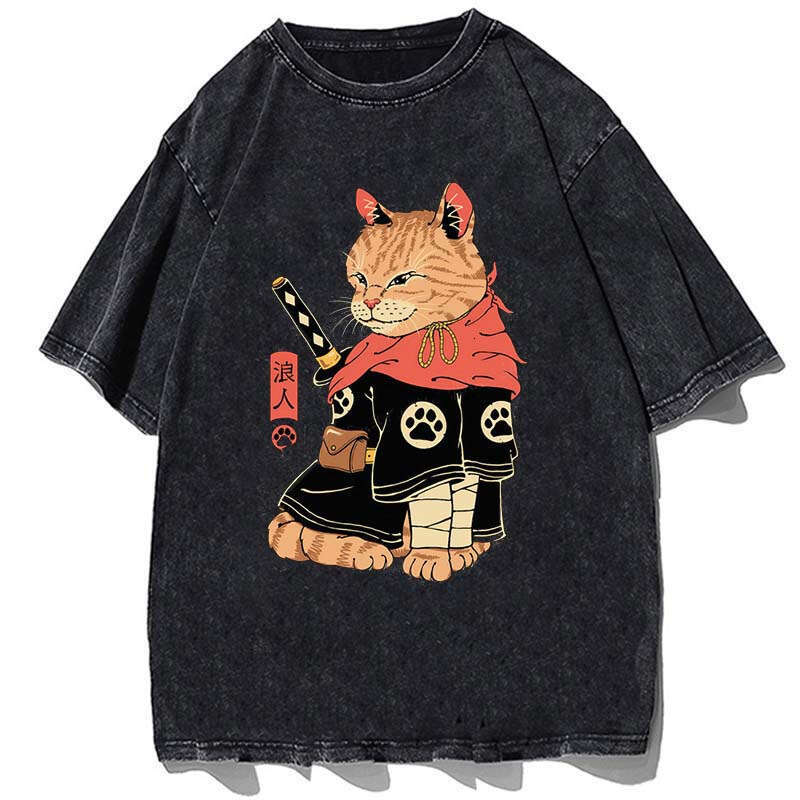 American washed vintage short sleeved t-shirt cute cat trendy brand high street hip-hop couple top outfit
