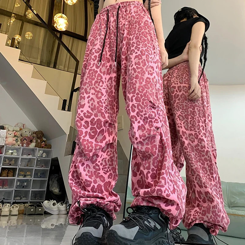 Woman American Streetwear Baggy Y2k Jeans Girls Vintage Harajuku Trousers Female Red Leopard Print Japanese 2000s Wide Leg Pants 250319