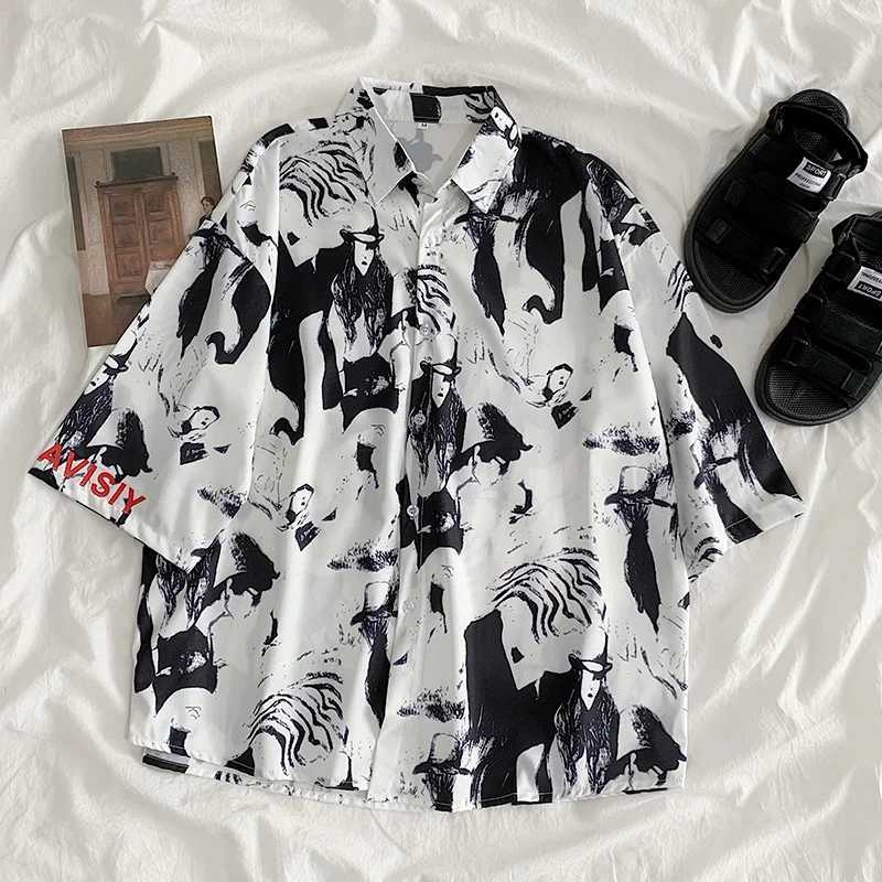 Mens Street Fashion Summer Daily Shirt Hawaiian Cartoon Print Casual Loose Shirts Short Sleeve Beach Loose Tops M250319