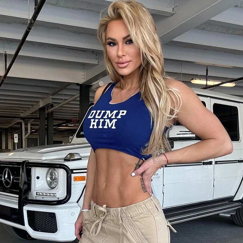 BUILDING GB Letter Printed Blue Graphic Tank Top Sport Fashion Vneck Sleeves Crop Sexy Womens Wear 250319